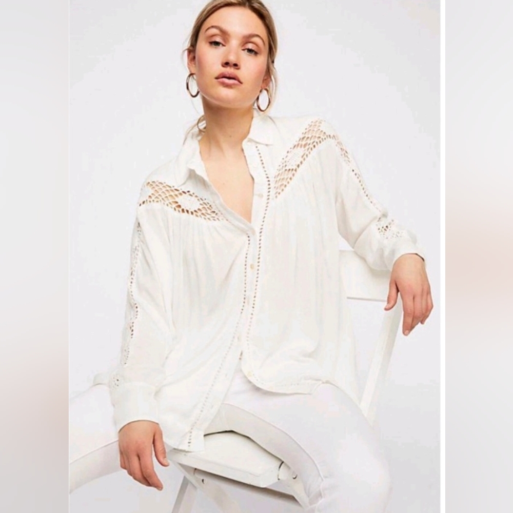 Free People White Button Down Shirt with Lace Accents SOLD****